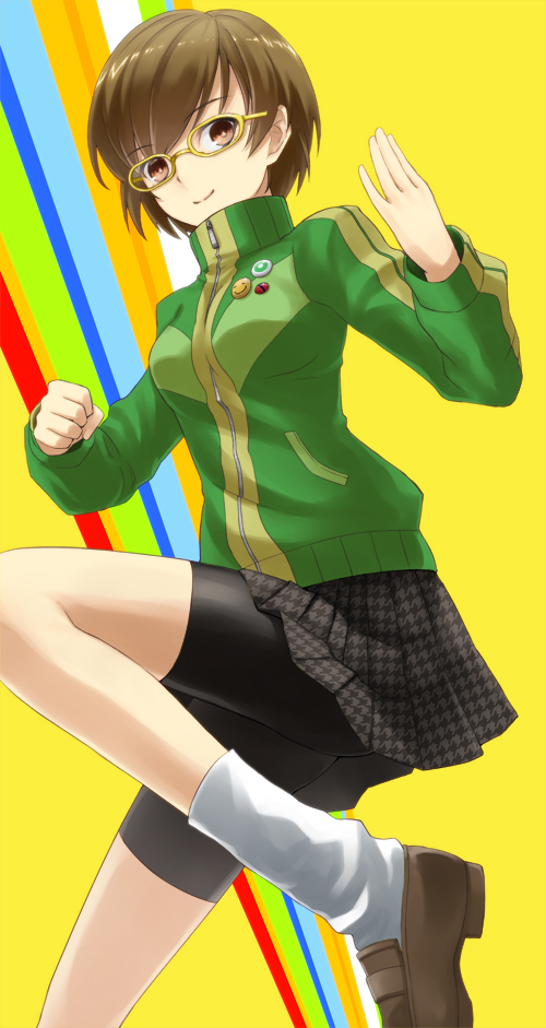 brown_eyes brown_hair glasses persona persona_4 prime satonaka_chie short_hair skirt smile smiley_face track_jacket yellow-framed_glasses