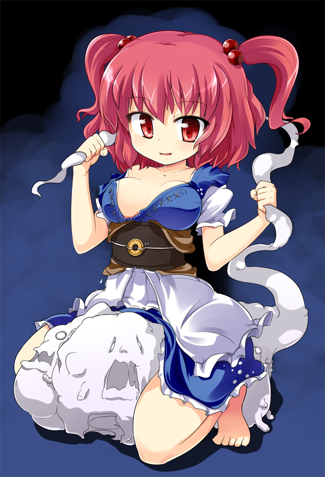 breasts cleavage ghost hair_bobbles hair_ornament mamo onozuka_komachi red_eyes red_hair short_hair squatting straddle touhou