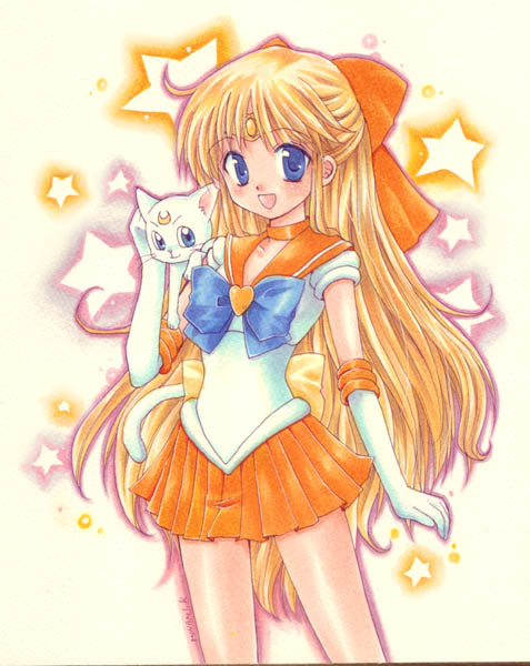 aino_minako artemis_(sailor_moon) bishoujo_senshi_sailor_moon blonde_hair blue_eyes bow cat cat_on_shoulder cat_tail choker elbow_gloves facial_mark forehead_mark gloves hair_bow hair_ribbon long_hair magical_girl marker_(medium) millipen_(medium) minami_kawa moon open_mouth orange_dress pleated_skirt ribbon sailor_collar sailor_venus skirt star starry_background stars tail tiara traditional_media white_gloves