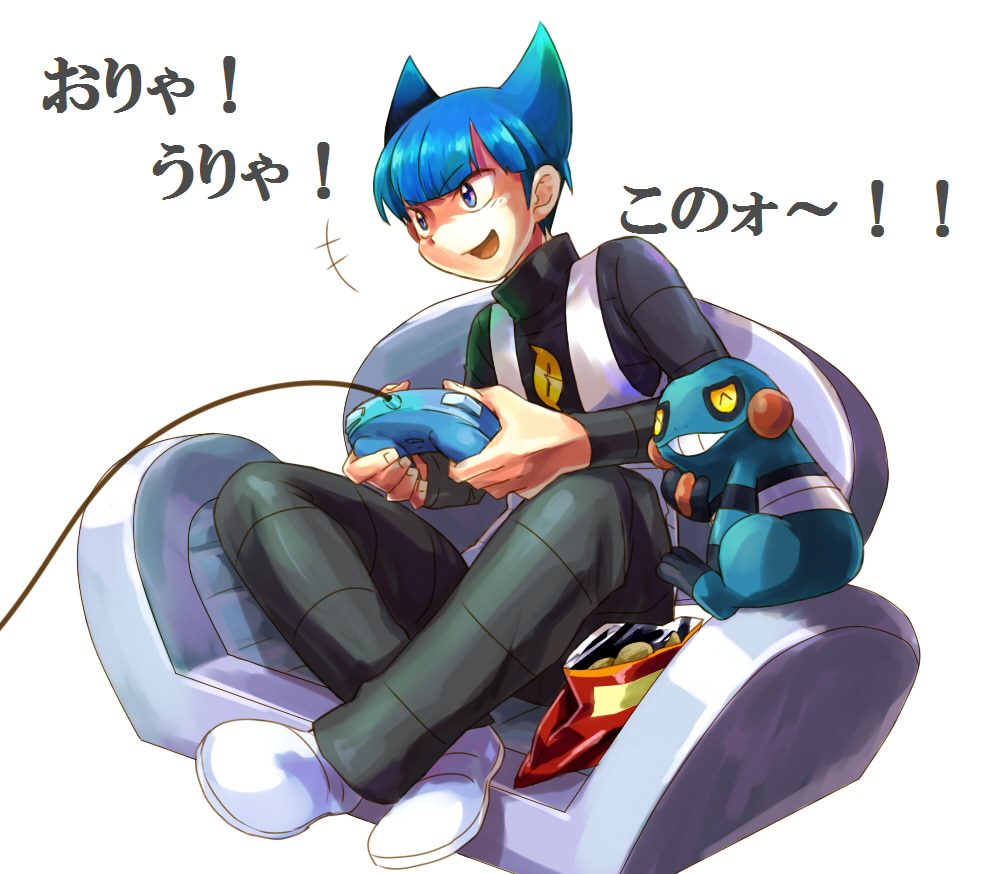 blue_hair chair controller croagunk game_controller gamepad happy male playing_games pokemon potato_chips saturn_(pokemon) short_hair team_galactic tr translated translation_request uniform video_game