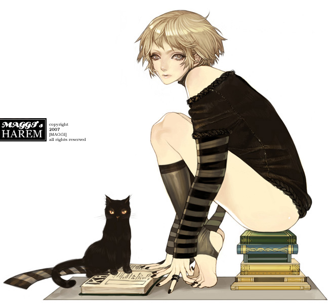 androgynous bare_shoulders blonde_hair book bottomless cat feet grey_eyes hands jewelry kneehighs maggi nail_polish pale_skin ring short_hair sitting socks solo toeless_socks toenail_polish