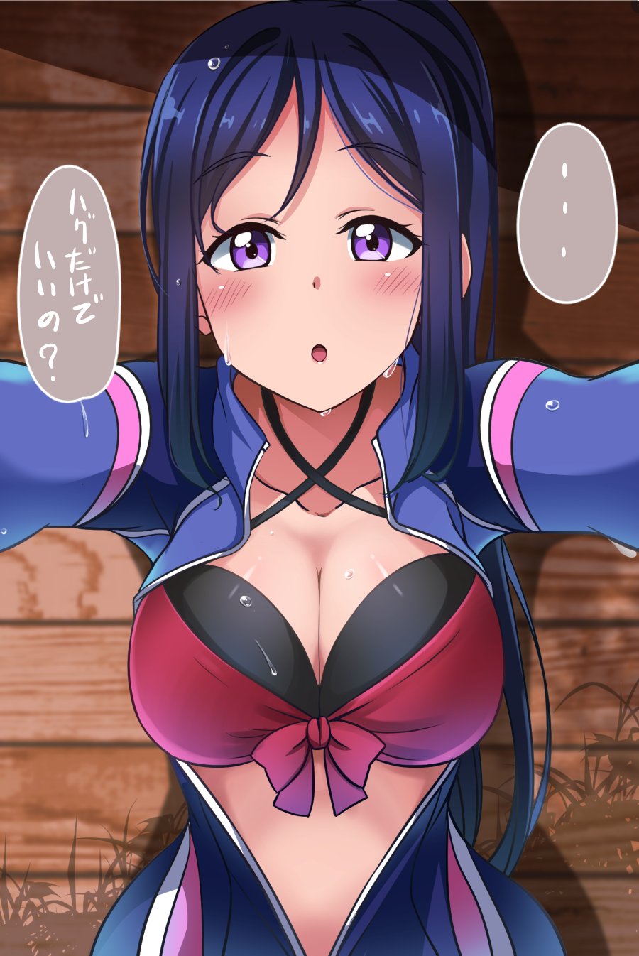 1girl :o against_wall bikini_top blue_hair blush breasts cleavage diving_suit front-tie_top halterneck highres hoshino_ouka incoming_hug large_breasts long_hair looking_at_viewer love_live! love_live!_sunshine!! matsuura_kanan ponytail solo translation_request unzipped violet_eyes wet wooden_wall