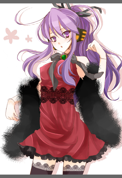 bad_id dress gakuko genderswap headphones kamui_gakupo long_hair ponytail purple_eyes purple_hair red_dress short_dress thigh-highs thighhighs violet_eyes vocaloid zettai_ryouiki