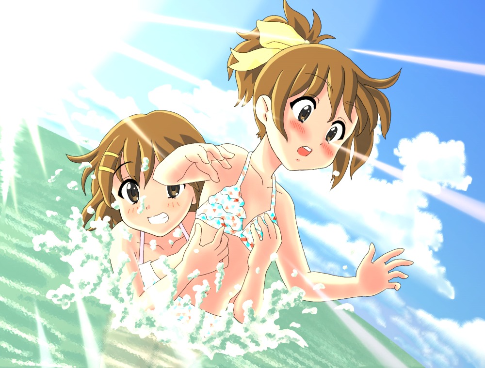 bikini brown_eyes brown_hair chunpai cloud clouds dutch_angle flat_chest hirasawa_ui hirasawa_yui k-on! lens_flare multiple_girls ponytail short_hair siblings sisters splash swimsuit water