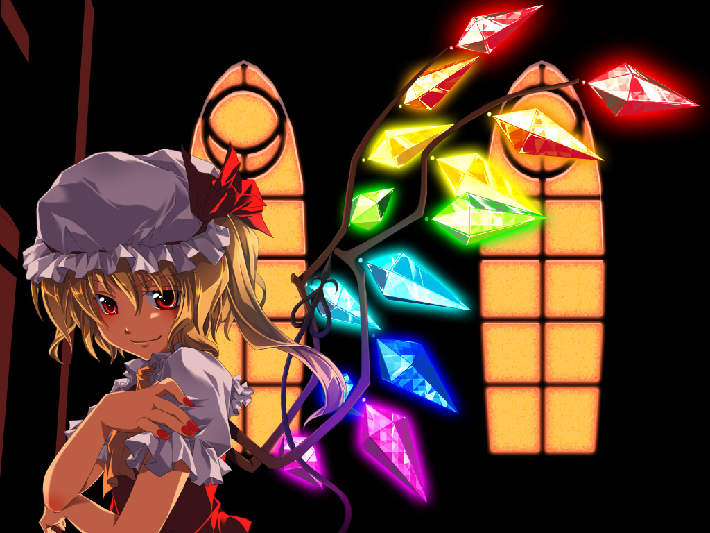 blonde_hair flandre_scarlet hat nail_polish onemu onemu_(artist) ponytail rainbow_order red_eyes red_nails short_hair side_ponytail solo touhou wings