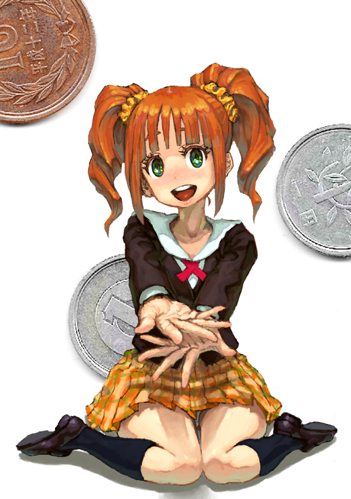 blunt_bangs brown_hair coin colored_eyelashes eyelashes green_eyes idolmaster jon_taira outstretched_arms outstretched_hand payot poverty school_uniform sitting skirt solo takatsuki_yayoi twintails wariza yen