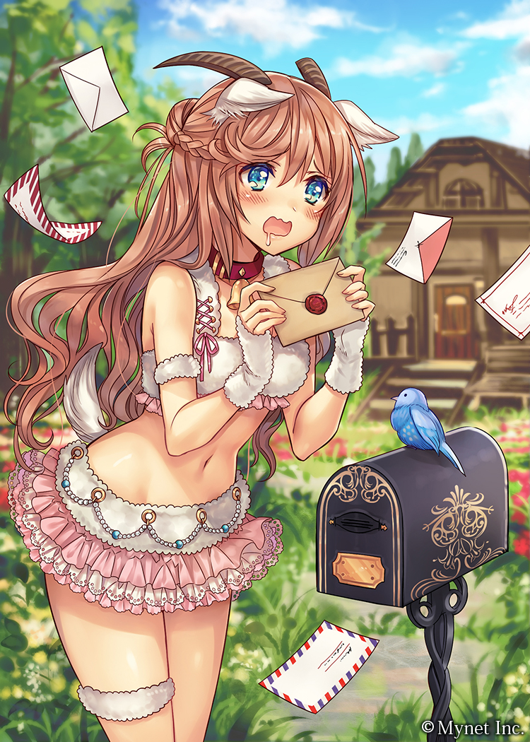1girl animal_ears bangs bare_shoulders bell bell_collar bird blue_eyes blush braid brown_hair clouds collar company_name door drooling fingerless_gloves flower frilled_skirt frills gloves holding horns house letter long_hair madogawa mailbox meadow midriff navel official_art open_mouth original saliva shinkai_no_valkyrie sidelocks skirt sky stairs tail tree