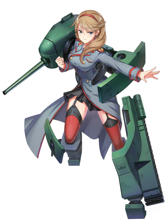 1girl blue_eyes brown_hair cannon clenched_hand coat copyright_request full_body garter_straps hair_over_shoulder hairband liubo0818 long_hair looking_at_viewer military_jacket miniskirt outstretched_arm pleated_skirt red_legwear skirt solo standing standing_on_one_leg tagme thigh-highs white_background zettai_ryouiki