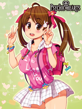 1girl backpack bag blush bow bracelet brown_eyes brown_hair copyright_name cowboy_shot double_v hair_bow jewelry keychain logo long_hair looking_at_viewer lowres official_art open_mouth outline panty_peek plaid plaid_skirt psychic_hearts randoseru ryoji_(nomura_ryouji) scrunchie short_sleeves skirt solo suspenders twintails v wrist_scrunchie