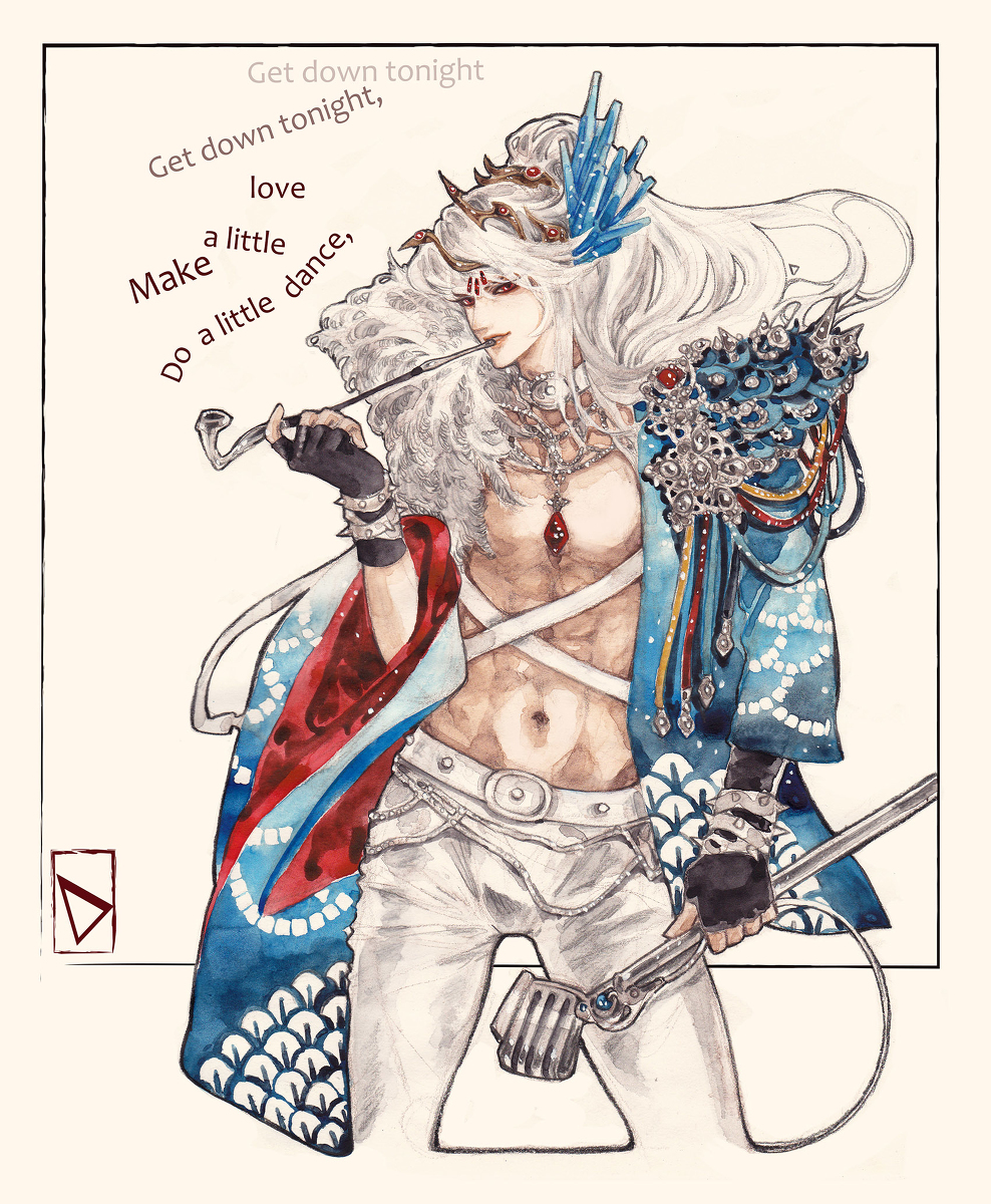 1boy alternate_costume demetrio english_text highres holding_pipe kc_and_the_sunshine_band kiseru lin_xue_ya long_hair lyrics male_focus microphone_stand muscle pipe pixiv_sample red_eyes solo tagme thunderbolt_fantasy white_hair