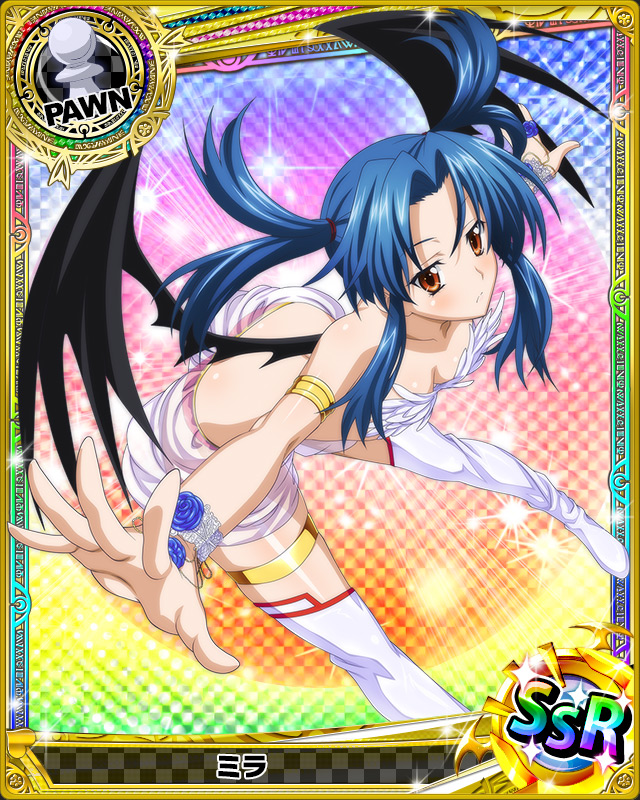 1girl armlet artist_request bat_wings blue_hair card_(medium) character_name checkered chess_piece high_school_dxd mira_(high_school_dxd) official_art orange_eyes pawn runes skirt solo sparkle thigh-highs trading_card white_legwear white_skirt wings