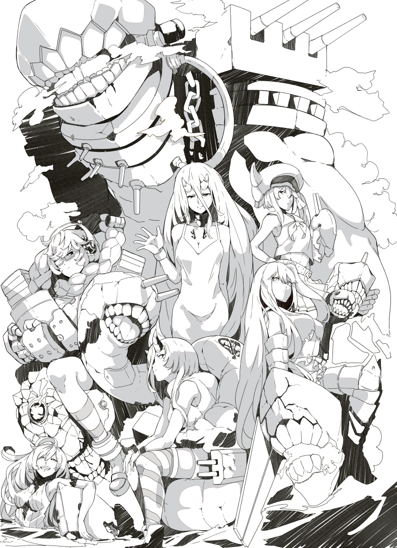 6+girls absurdly_long_hair aircraft_carrier_oni armor armored_boots barrel battleship_hime bonnet boots braid breasts chain choker cleavage commentary_request destroyer_hime dress fangs flat_chest floating glasses gloves grin headphones heavy_cruiser_hime hood hoodie horns kantai_collection large_breasts long_hair looking_at_viewer midriff monochrome multiple_girls navel ninimo_nimo object_hug partially_submerged sailor_collar saliva saliva_trail salute school_uniform shinkaisei-kan size_difference sleeveless sleeveless_dress small_breasts smile striped striped_legwear submarine_hime supply_depot_hime swimsuit teeth thigh-highs tongue torn_clothes very_long_hair