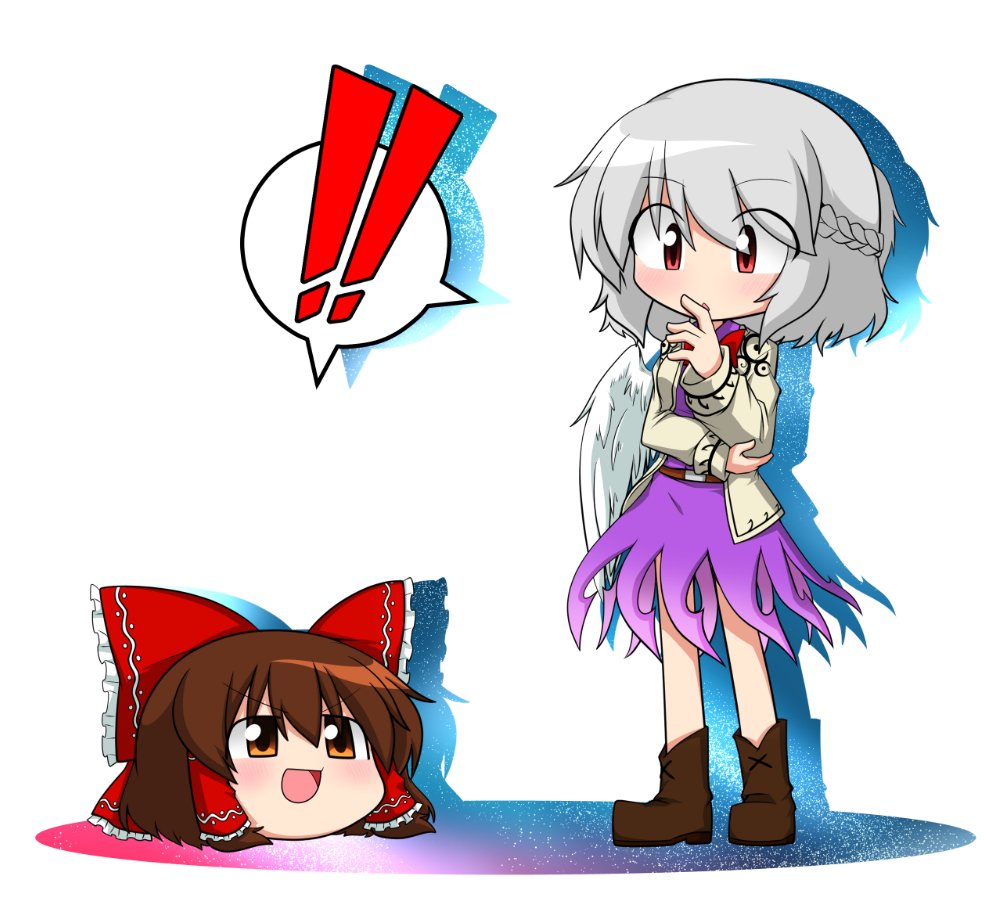 ! 2girls :d belt blush bow bowtie brown_shoes dress full_body hair_bow hair_tubes hakurei_reimu jacket katsumi5o kishin_sagume long_sleeves multiple_girls open_clothes open_jacket open_mouth purple_dress red_bow red_bowtie shared_speech_bubble shoes short_hair single_wing smile speech_bubble spoken_exclamation_mark touhou white_background white_jacket wings yukkuri_shiteitte_ne