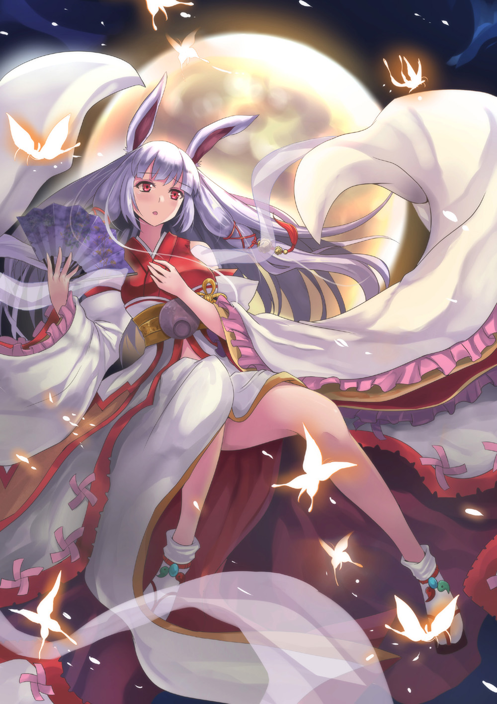 1girl :o a-na animal_ears eyeliner full_moon glowing_butterfly granblue_fantasy hair_ornament highres japanese_clothes kaguya_(granblue_fantasy) kimono long_hair makeup moon night purple_hair rabbit_ears red_eyes solo tears very_long_hair