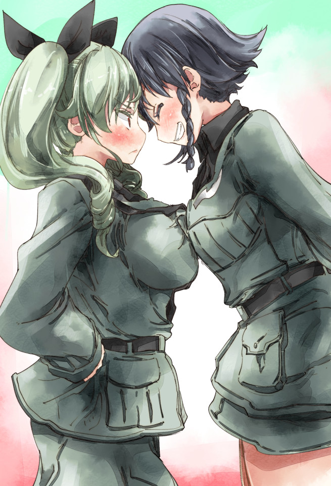 2girls ^_^ black_hair blush braid breast_press breasts character_request closed_eyes forehead-to-forehead green_hair grin hair_ribbon hands_on_hips impossible_jacket large_breasts long_hair military multiple_girls red_eyes ribbon short_hair single_braid smile symmetrical_docking twintails yohane