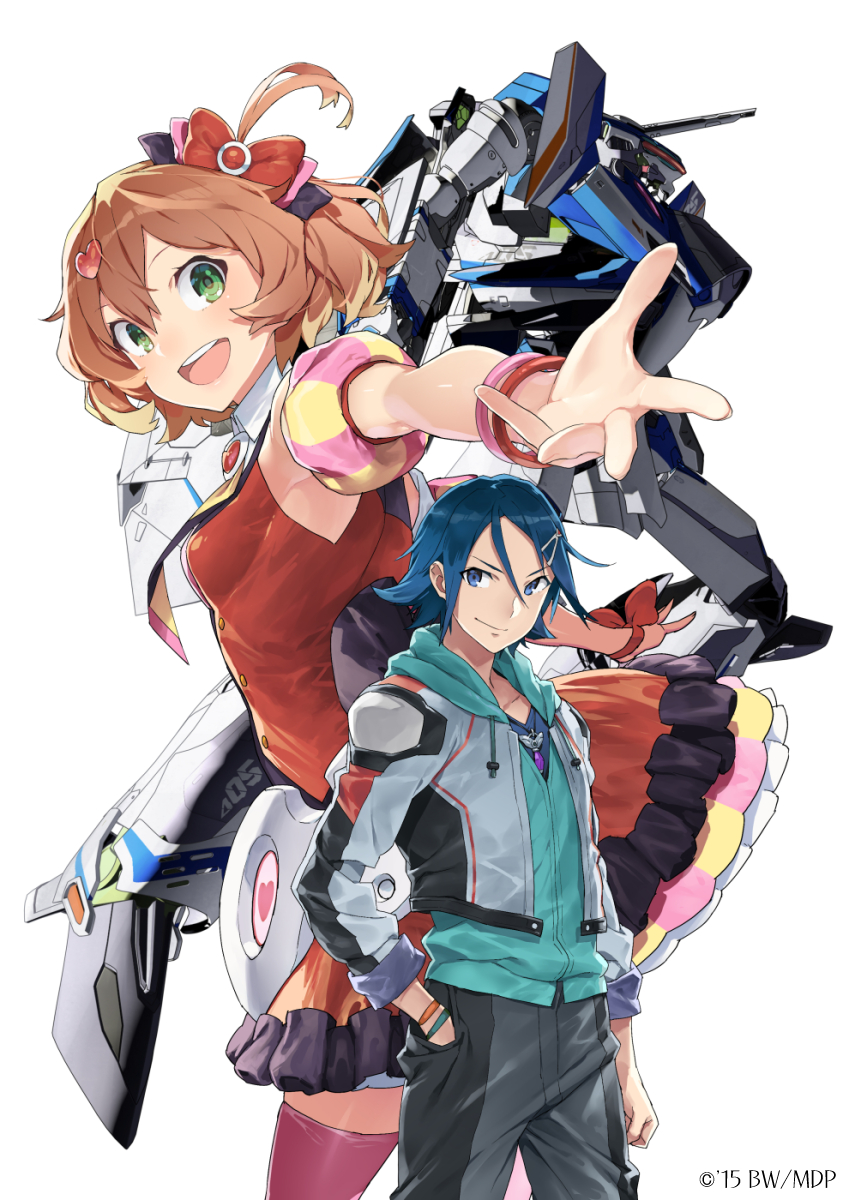 1boy 1girl :d blonde_hair blue_eyes blue_hair bracelet freyja_wion green_eyes hair_ornament hairclip hand_in_pocket hayate_immelmann highres hood hoodie idol jewelry macross macross_delta mecha multicolored_hair necklace necktie open_mouth short_hair side_ponytail smile tatsuwo thigh-highs vf-31j zettai_ryouiki