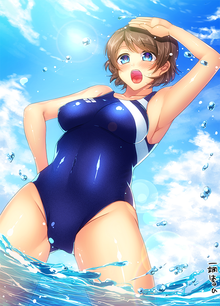 1girl blue_eyes blush breasts brown_hair competition_swimsuit ibuki_haruhi love_live!_school_idol_project love_live!_sunshine!! one-piece_swimsuit open_mouth short_hair solo swimsuit wading watanabe_you wet