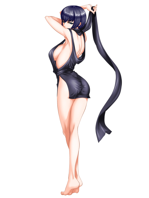 1girl arms_up ass bare_legs barefoot black_eyes black_hair breasts full_body large_breasts loose_clothes no_bra sideboob simple_background solo tiptoes white_background