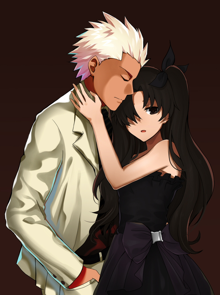 1boy 1girl archer black_dress black_hair brown_background brown_eyes closed_eyes dress fate/stay_night fate_(series) hair_over_one_eye hand_in_pocket highres long_hair looking_at_viewer makise_medaka short_hair siler_hair simple_background strapless strapless_dress toosaka_rin twintails