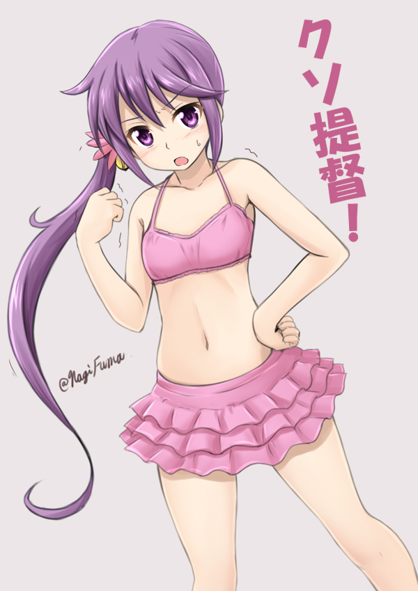 1girl akebono_(kantai_collection) bare_shoulders bell blush clenched_hand collarbone commentary_request cowboy_shot flower fuuma_nagi hair_bell hair_flower hair_ornament hand_on_hip kantai_collection long_hair looking_at_viewer navel open_mouth purple_hair side_ponytail simple_background solo sweatdrop swimsuit tankini translation_request trembling twitter_username violet_eyes