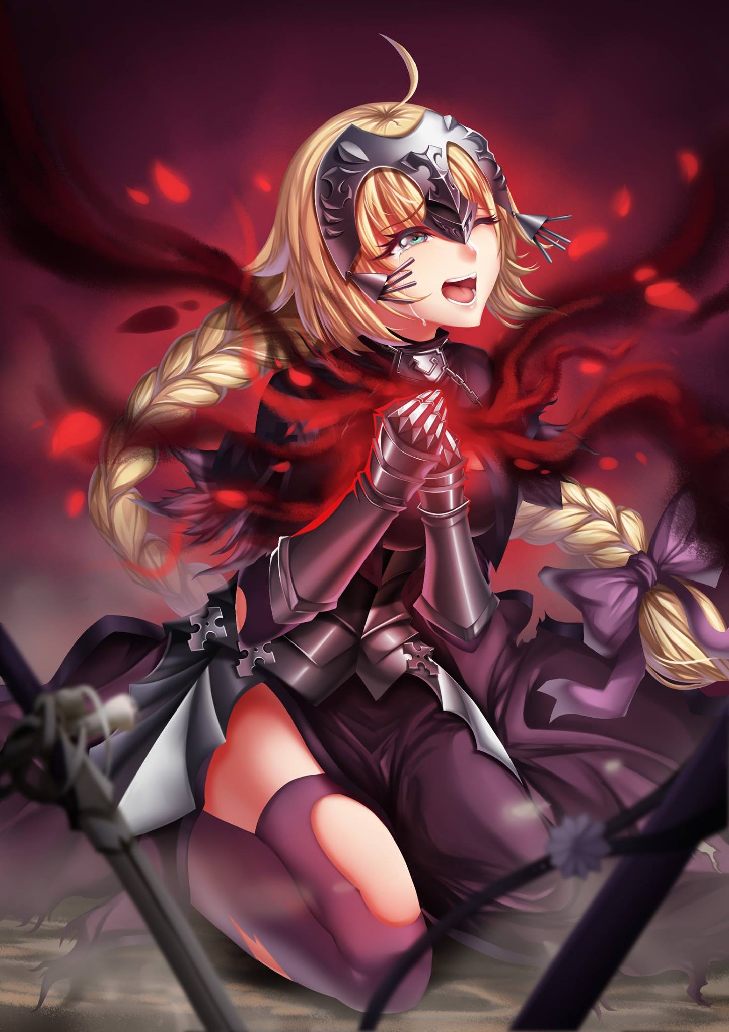1girl ahoge armor armored_dress blonde_hair blue_eyes blurry bow braid corruption crying depth_of_field fate/apocrypha fate/grand_order fate_(series) gauntlets hands_together headpiece highres jeanne_alter kneeling long_hair nekosama_shugyouchuu one_eye_closed open_mouth pantyhose purple_bow ruler_(fate/apocrypha) ruler_(fate/grand_order) sword tears torn_clothes torn_pantyhose weapon