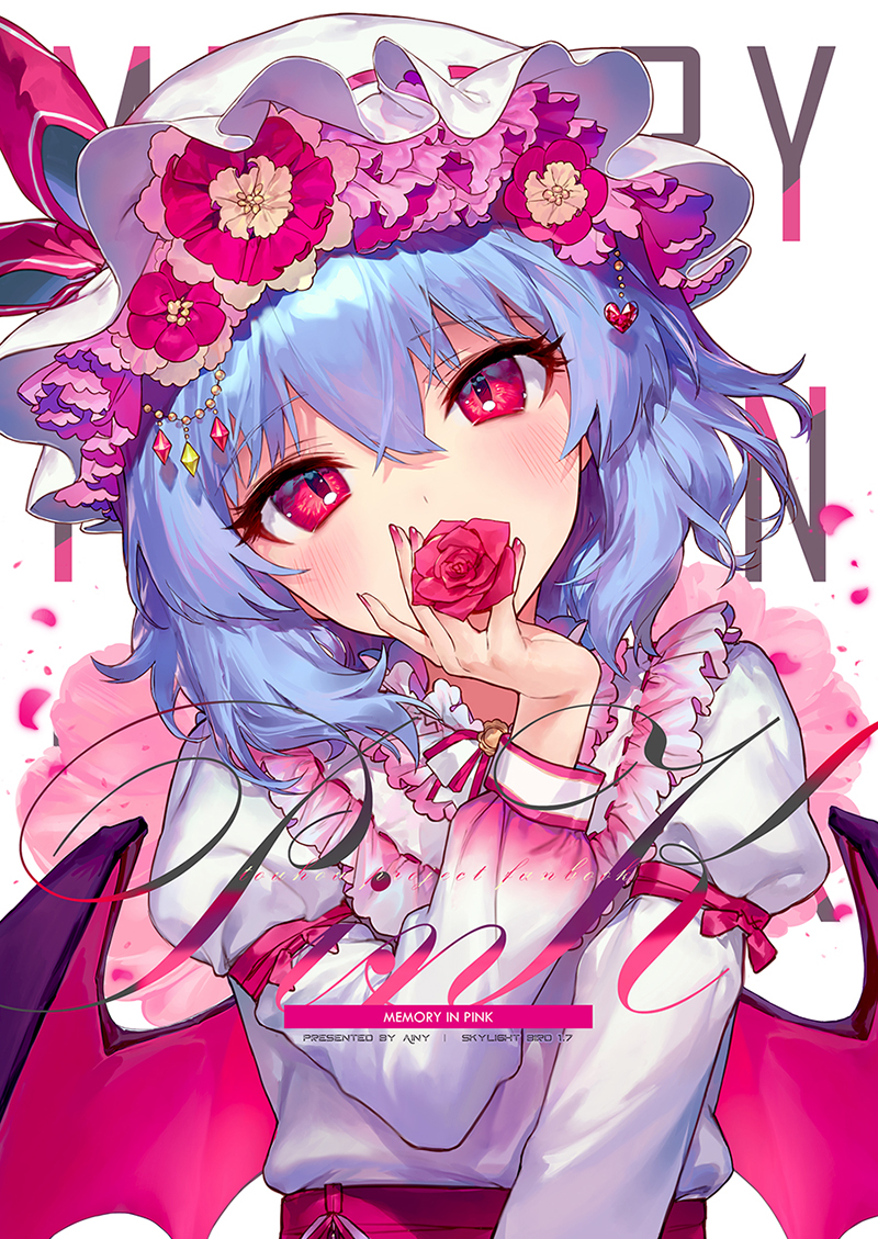 1girl ainy77 arm_ribbon artist_name bangs bat_wings blue_hair blush bow commentary_request cover covered_mouth dress eyebrows_visible_through_hair flower frilled_shirt_collar frills hair_between_eyes hand_up hat hat_bow hat_flower head_tilt heart juliet_sleeves long_sleeves looking_at_viewer mob_cap petals pink_flower puffy_sleeves red_bow red_eyes red_flower red_nails red_rose red_sash remilia_scarlet ribbon rose sash short_hair simple_background solo touhou twitter_username upper_body white_background white_dress white_headwear wings