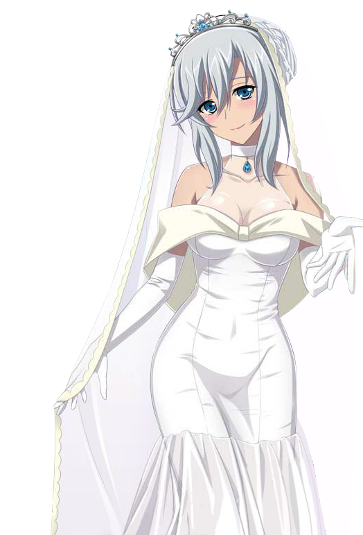 1girl blue_eyes breasts cleavage collar collarbone covered_navel dress elbow_gloves gloves jewelry la_folia_rihavein long_hair necklace see-through silver_hair simple_background smile solo strike_the_blood wedding_dress white_background white_dress white_gloves