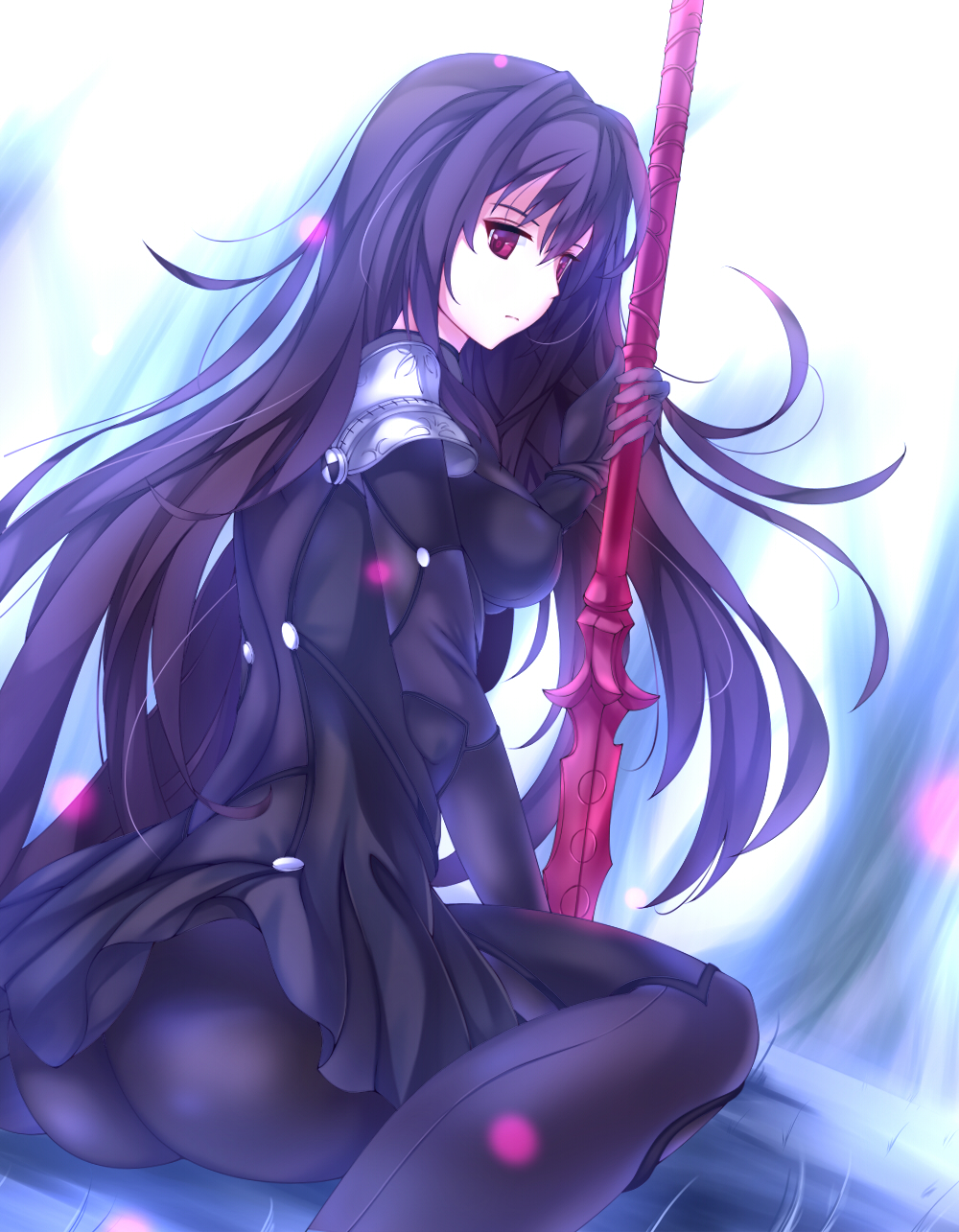 blush bodysuit fate/extra gloves lancer_(fate/extra) long_hair red_eyes spear violet_hair warrior