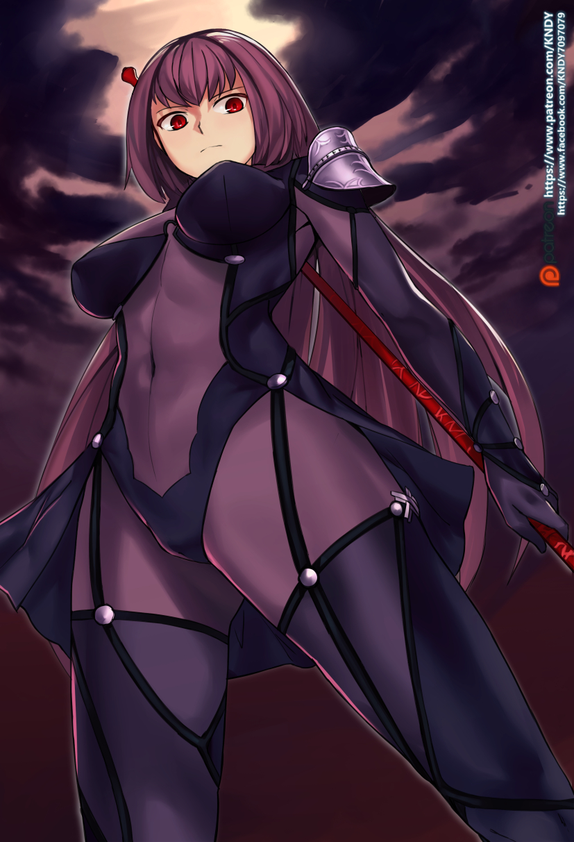 1girl bodysuit breasts fate/grand_order fate_(series) gae_bolg highres kdny long_hair looking_down polearm purple_hair red_eyes scathach_(fate/grand_order) skin_tight solo spear weapon
