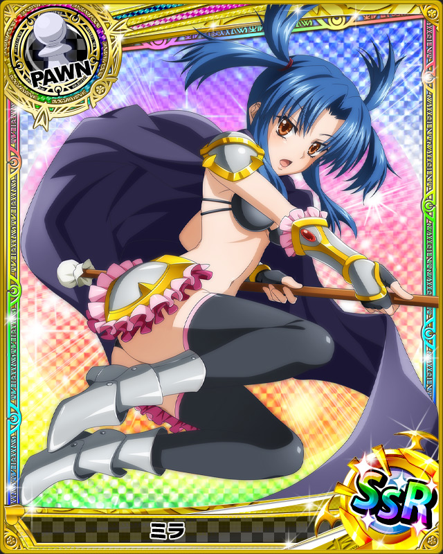 1girl artist_request blue_hair cape card_(medium) character_name checkered chess_piece fingerless_gloves gloves high_school_dxd mira_(high_school_dxd) official_art orange_eyes pawn solo sparkle thigh-highs trading_card