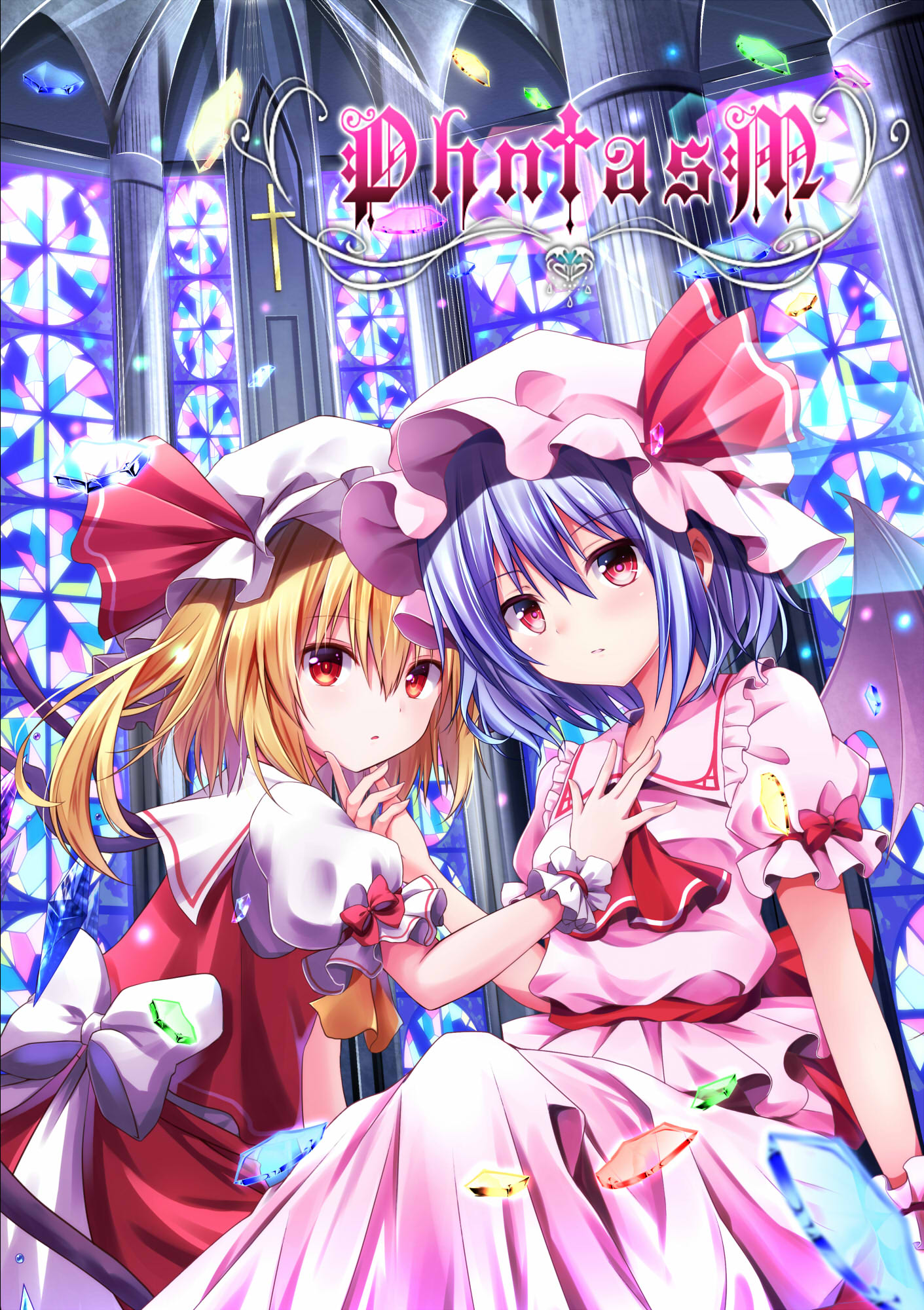 2girls ascot bat_wings blonde_hair blue_hair bow church column cross dress eyebrows eyebrows_visible_through_hair flandre_scarlet frilled_dress frilled_shirt frilled_shirt_collar frilled_sleeves frills glass hair_between_eyes hand_on_another's_face hat hat_bow hat_ribbon highres hyurasan long_hair looking_at_viewer mob_cap multiple_girls pillar pink_dress puffy_short_sleeves puffy_sleeves red_bow red_eyes red_ribbon remilia_scarlet ribbon shirt short_hair short_sleeves siblings side_ponytail sisters sitting stained_glass touhou wings wristband