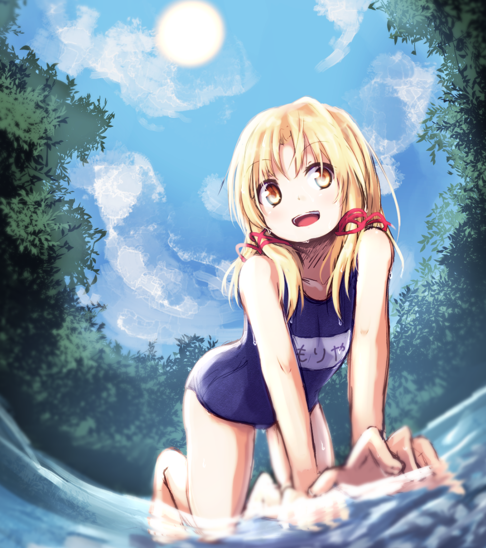 1girl :d all_fours alternate_costume baram blonde_hair clouds moriya_suwako no_hat open_mouth school_swimsuit short_hair smile solo sun swimsuit touhou water yellow_eyes