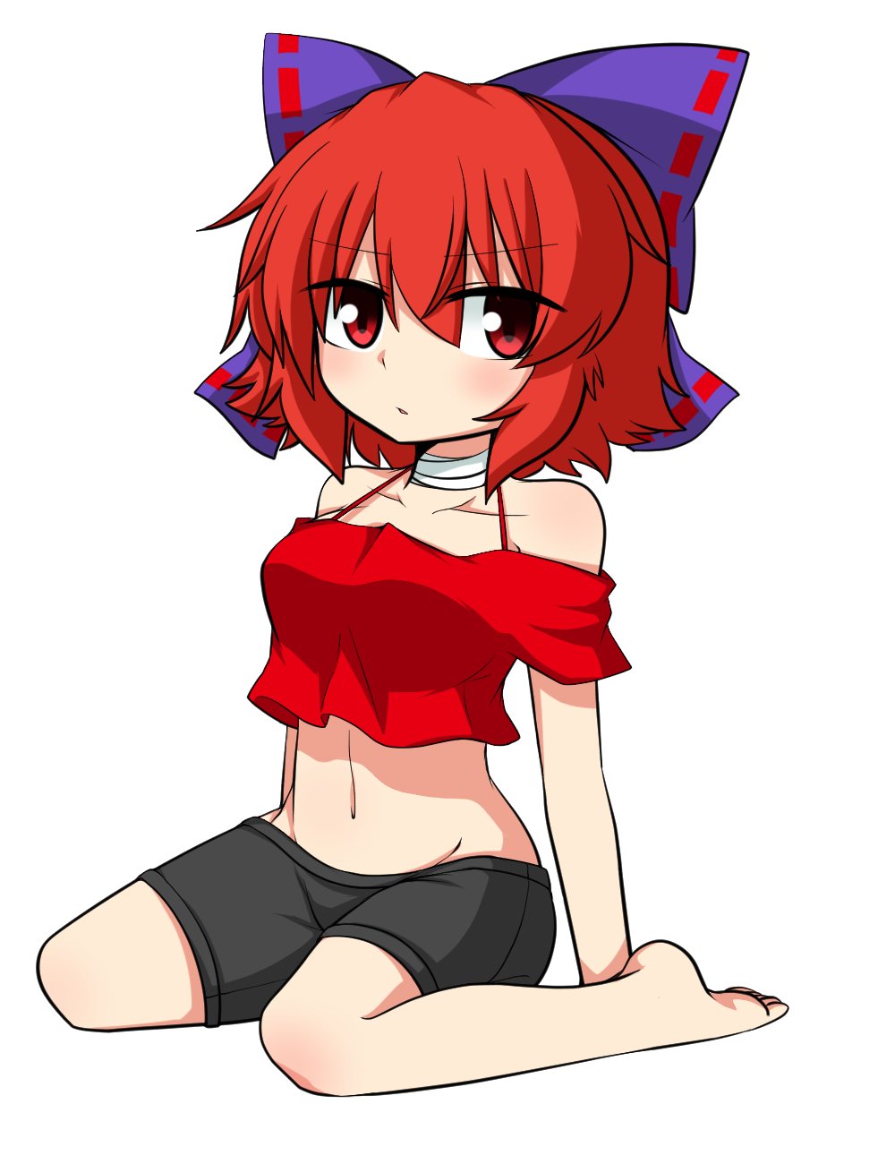 1girl adapted_costume bandaged_neck bare_shoulders barefoot bike_shorts blush bow collarbone contemporary crop_top full_body groin hair_bow highres katsumi5o looking_at_viewer midriff navel off_shoulder purple_bow red_eyes redhead sekibanki short_hair sitting solo touhou wariza white_background