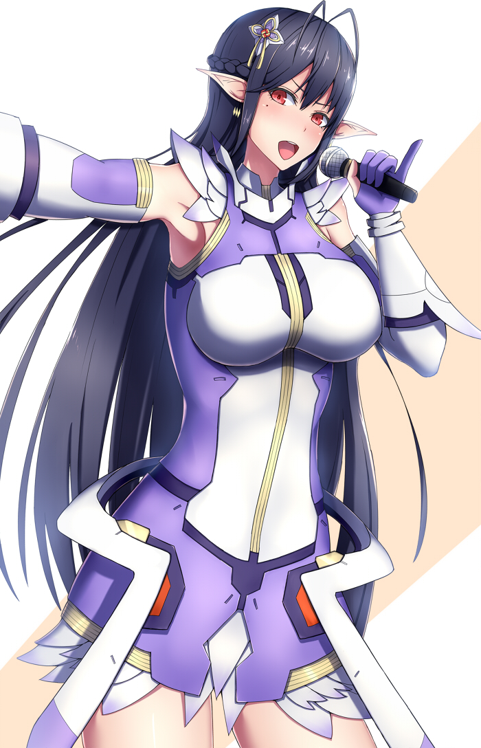 1girl antenna_hair black_hair blush breasts dress earrings elbow_gloves gloves hair_ornament holding_microphone jewelry kamokatatsumuri katori_(pso2) large_breasts long_hair looking_at_viewer microphone mole mole_under_eye open_mouth outstretched_arm partly_fingerless_gloves phantasy_star phantasy_star_online_2 pointy_ears purple_gloves red_eyes short_dress sleeveless sleeveless_dress solo