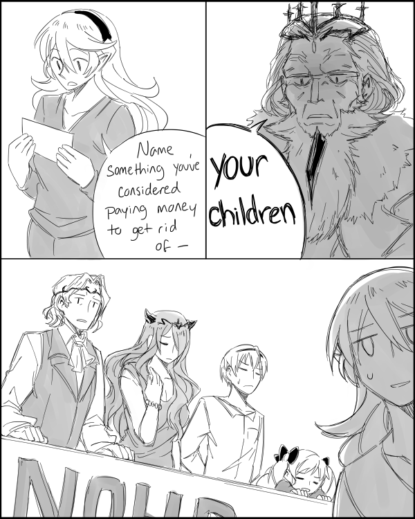 3boys 3girls breasts camilla_(fire_emblem_if) cleavage comic crown dl elise_(fire_emblem_if) english family_feud fire_emblem fire_emblem_if frown garon_(fire_emblem_if) hairband leon_(fire_emblem_if) mark_(fire_emblem) monochrome multiple_boys multiple_girls my_unit_(fire_emblem_if) open_mouth pointy_ears shaded_face sweat