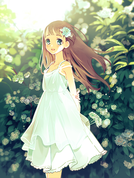 1girl :d arms_behind_back blush brown_hair collarbone dress flower green_eyes hair_flower hair_ornament kokabu looking_at_viewer open_mouth original outdoors sleeveless sleeveless_dress smile solo standing white_dress wind