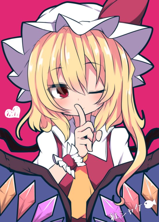 1girl ;) ascot beni_shake blonde_hair blush crystal flandre_scarlet hat hat_ribbon heart index_finger_raised looking_at_viewer mob_cap one_eye_closed pink_background red_eyes red_ribbon ribbon side_ponytail smile solo touhou upper_body wings wrist_cuffs