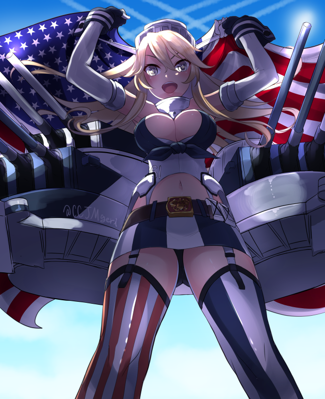 1girl :d american_flag bangs belt black_panties blonde_hair blue_eyes blue_sky breasts cannon clothes_writing clouds condensation_trail fingerless_gloves flag from_below front-tie_top garter_straps gloves hair_between_eyes hands_up headgear holding ieki iowa_(kantai_collection) kantai_collection large_breasts legs_apart long_hair machinery miniskirt mismatched_legwear navel number open_mouth outdoors panties shade skirt sky sleeveless smile solo star star-shaped_pupils stomach striped symbol-shaped_pupils thigh-highs turret twitter_username underwear upskirt vertical_stripes wrist_cuffs