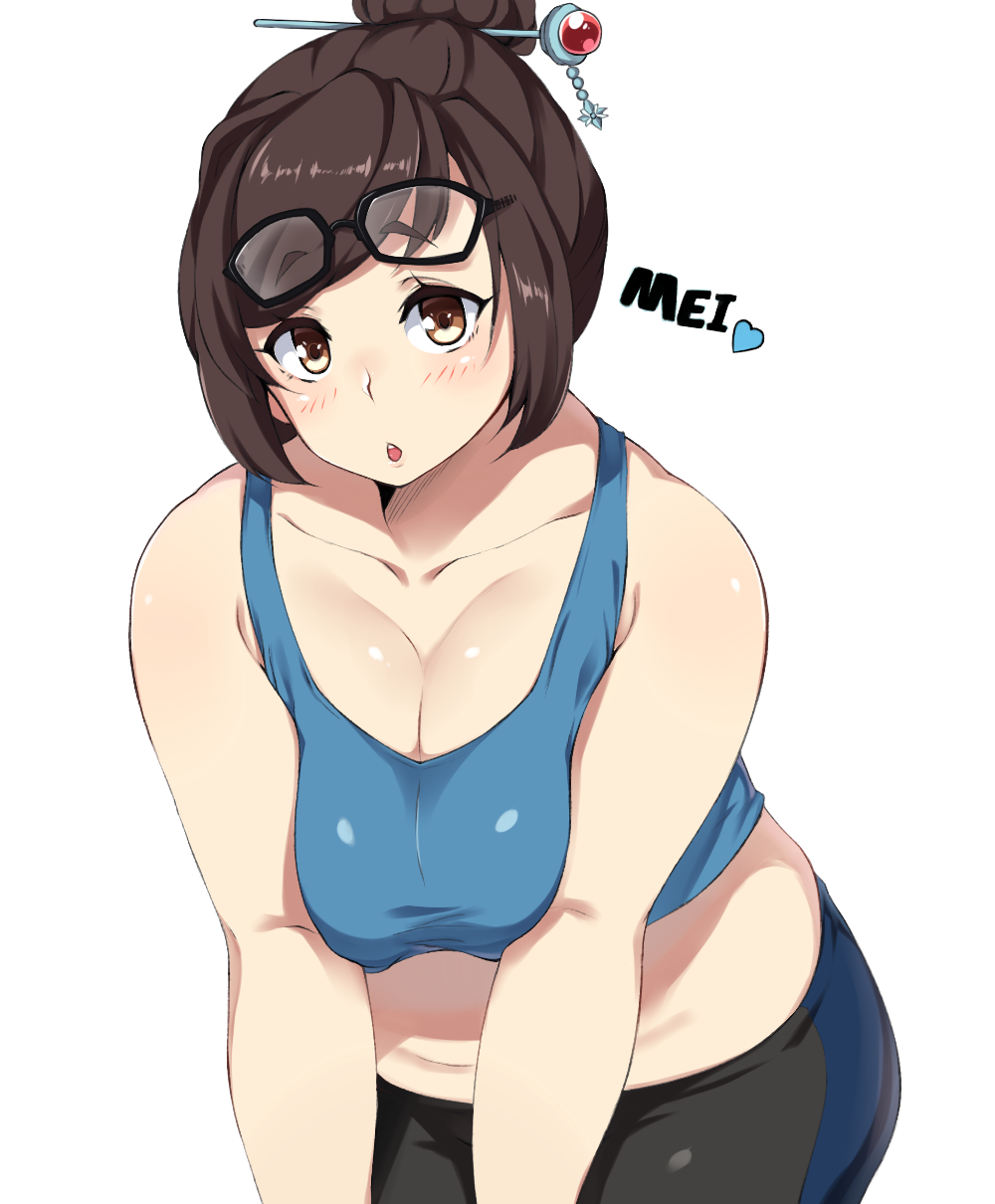 1girl :o belly breasts brown_hair highres large_breasts mei_(overwatch) moisture_(chichi) overwatch parted_lips plump short_hair simple_background solo white_background