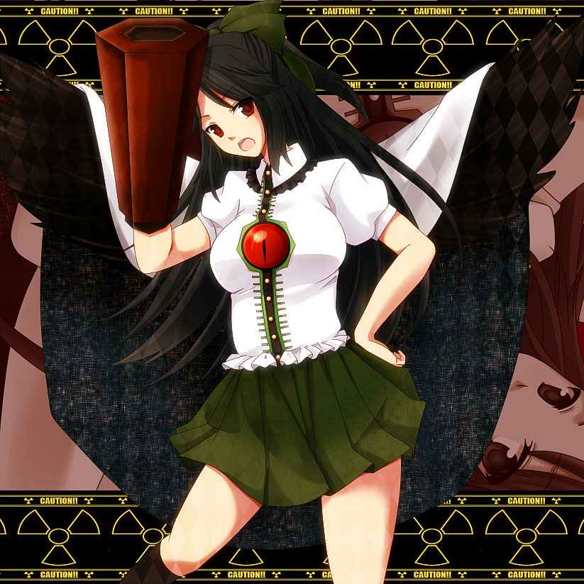 1girl arm_cannon black_hair black_wings bow cape caution contrapposto hair_bow hand_on_hip kneehighs long_hair miniskirt nnyara open_mouth radiation_symbol red_eyes reiuji_utsuho skirt solo third_eye touhou weapon wings