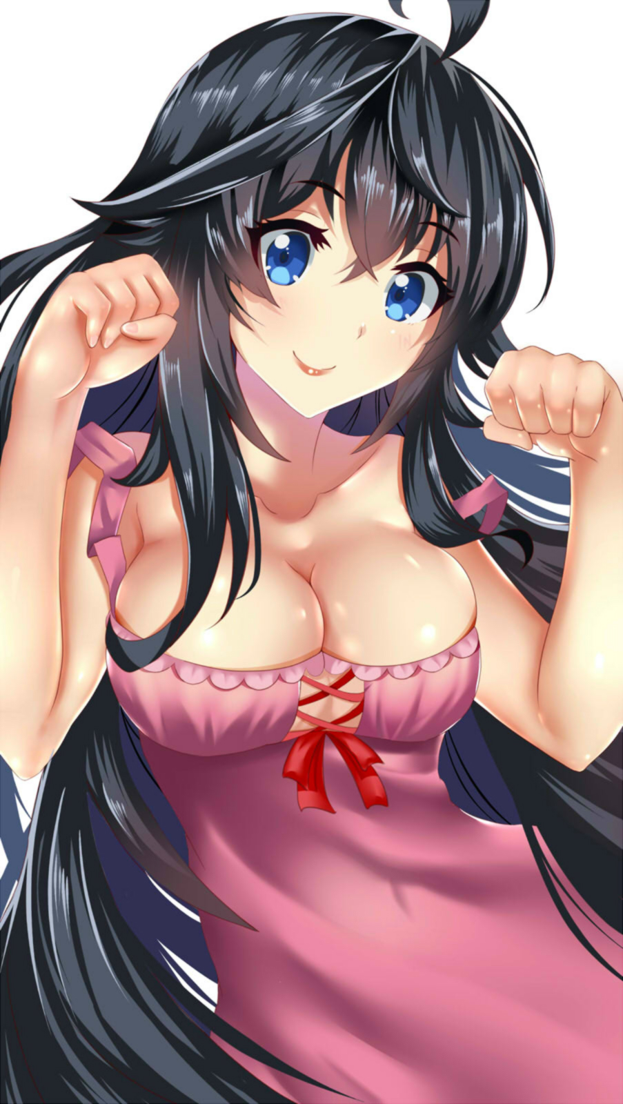 1girl ahoge bangs bare_shoulders black_hair blue_eyes bow breasts cleavage clenched_hands closed_mouth collarbone cross-laced_clothes dress eyebrows eyebrows_visible_through_hair hair_between_eyes highres large_breasts long_hair looking_at_viewer netoge_no_yome_wa_onna_no_ko_janai_to_omotta? paperfinger paw_pose pink_dress red_bow red_lips simple_background sleeveless sleeveless_dress smile solo strap_slip tamaki_ako white_background