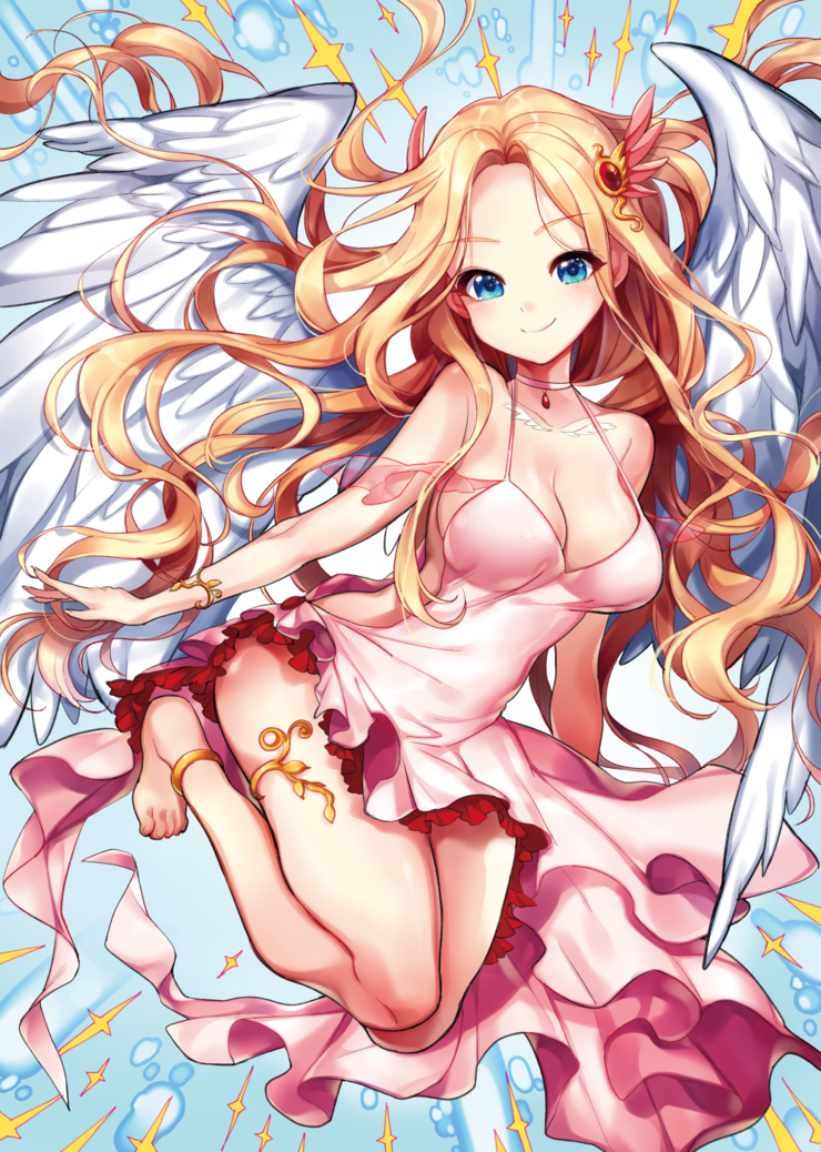 1girl angel angel_wings anklet bare_shoulders barefoot blonde_hair blue_background blue_eyes bracelet breasts choker cleavage closed_mouth cross dress eyebrows eyebrows_visible_through_hair feathered_wings floating_hair frilled_dress frills full_body hair_ornament head_wings jewelry large_breasts long_hair looking_at_viewer original pendant pink_dress see-through shade sideboob sleeveless sleeveless_dress smile solo songmil strap_gap thighlet very_long_hair wavy_hair wing_print winged_hair_ornament wings