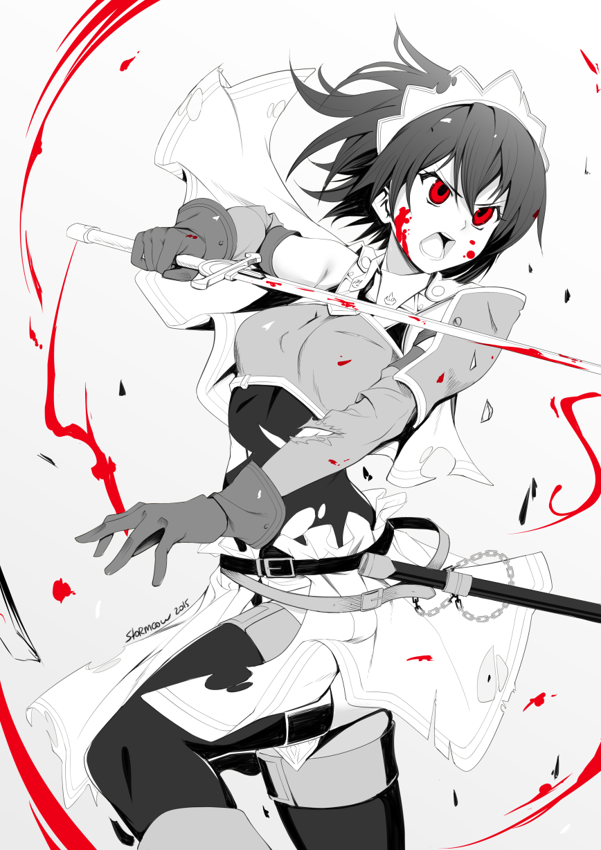 1girl armor bangs belt blood blood_on_face capelet cecily_cambell chain detached_sleeves fighting fighting_stance gloves gradient gradient_background greyscale hair_between_eyes headdress highres holding holding_weapon leg_lift monochrome open_mouth pauldrons red_eyes seiken_no_blacksmith sheath short_hair shoulder_pads skirt solo stormcow sword thigh-highs torn_clothes turtleneck weapon