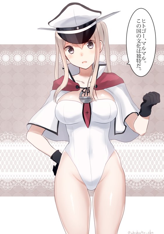 1girl adapted_costume artist_name bare_legs black_gloves blonde_hair breasts capelet cleavage collarbone cowboy_shot eko gloves graf_zeppelin_(kantai_collection) hand_on_hip hat head_tilt kantai_collection large_breasts looking_at_viewer necktie red_necktie short_hair_with_long_locks sidelocks solo speech_bubble standing swimsuit talking text thighs twintails white_hat white_swimsuit