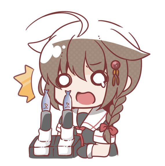 1girl ahoge black_gloves black_serafuku bloom2425 braid brown_hair fish gloves hair_flaps hair_ornament hair_over_shoulder hair_ribbon kantai_collection neckerchief o_o open_mouth remodel_(kantai_collection) ribbon school_uniform serafuku shigure_(kantai_collection) short_sleeves single_braid solo turret