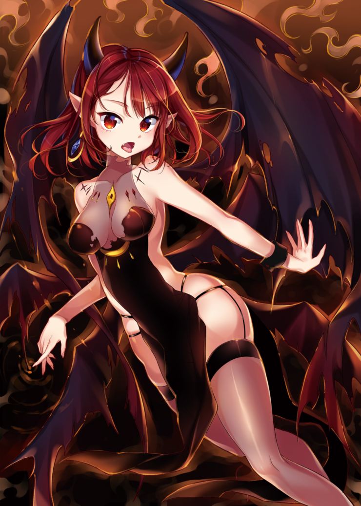 1girl bangs bare_shoulders black_dress black_panties black_wings breasts collarbone crossover cuffs demon_girl demon_horns demon_wings dress earrings eyebrows eyebrows_visible_through_hair fang fingernails garter_straps horns jewelry long_fingernails long_hair looking_at_viewer open_\m/ open_mouth original panties pointing pointy_ears red_eyes redhead see-through shade sharp_fingernails skindentation sleeveless sleeveless_dress smoke solo songmil tattoo thigh-highs tongue tongue_out torn_wings underwear wings