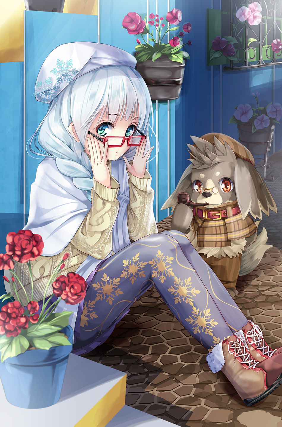 1girl :o adjusting_glasses aqua_eyes aran_sweater bangs belt blue_fire blue_hair boots braid character_request collar cross-laced_footwear detective eyebrows eyebrows_visible_through_hair fence fire flower fur_boots furry glasses hair_over_shoulder hat highres hopper lace-up_boots long_hair long_sleeves looking_at_viewer morning_glory mouth_hold on_ground outdoors pantyhose pavement pince-nez pink_flower plaid plant potted_plant print_legwear railing red-framed_glasses red_flower shade shawl silver_hair sitting smoking_pipe snowflake_print sound_voltex sweater wall white_hat window