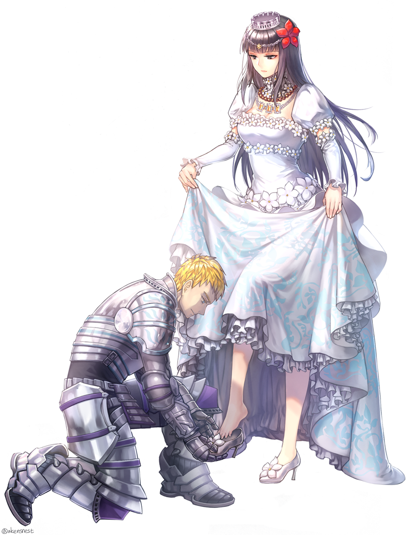 1boy 1girl aken armor armored_boots bangs barefoot black_hair blue_eyes blunt_bangs boots breastplate breasts cleavage closed_mouth crown detached_collar detached_sleeves dress elbow_pads eyebrows eyebrows_visible_through_hair faulds flower frilled_dress frilled_sleeves frills gauntlets hair_flower hair_ornament high_heels jewelry light_smile long_dress long_hair looking_at_another narberal_gamma necklace one_knee overlord_(maruyama) patterned pauldrons puffy_short_sleeves puffy_sleeves putting_on_shoes red_flower shade shoes short_sleeves simple_background single_shoe skirt_hold standing standing_on_one_leg tiara toes twitter_username white_background white_dress white_shoes