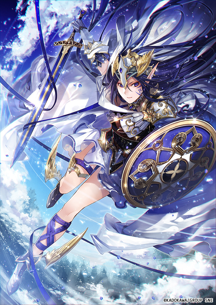 1girl blue_hair dreadnought_(tcg) earrings elf jewelry knight kyouka_hatori long_hair pointy_ears shield shoes sky sword tagme violet_eyes weapon winged_shoes wings