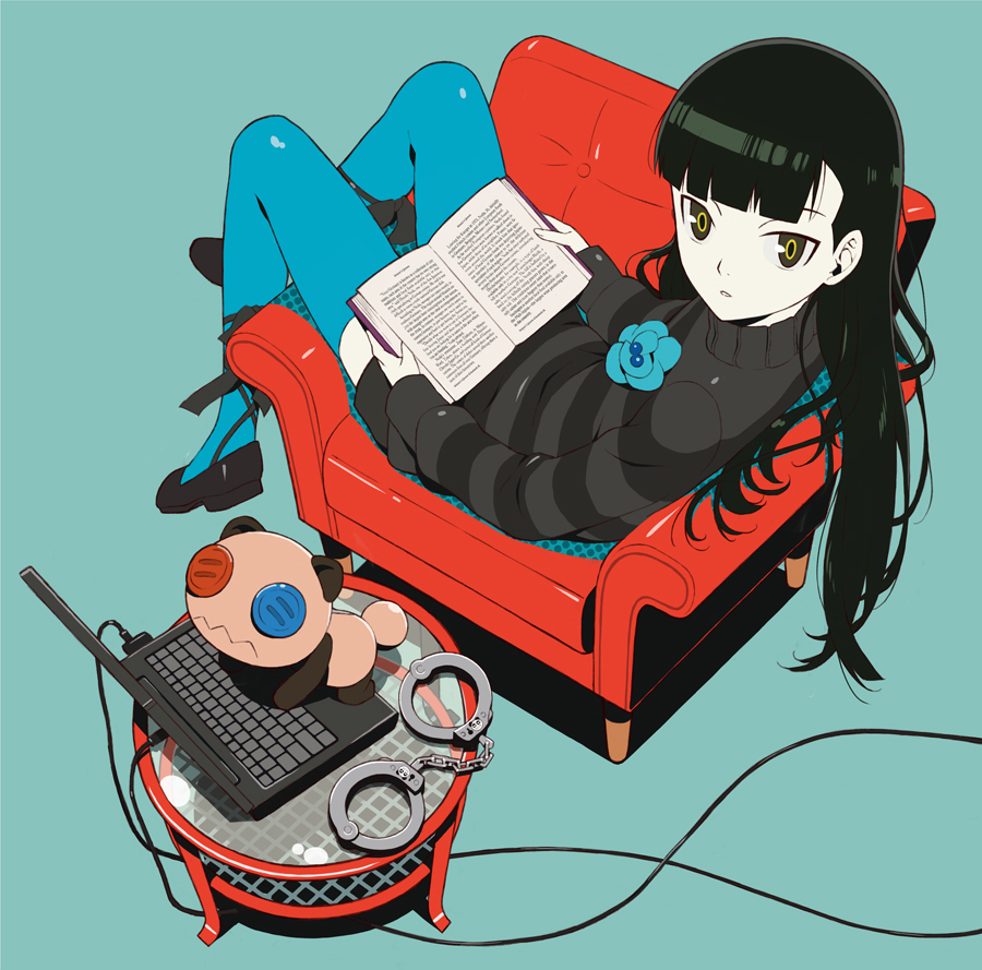 1girl black_hair black_shoes black_sweater blue_background blue_legwear book button_eyes cable chair computer cuffs dress from_above handcuffs holding holding_book laptop long_hair lying mizunoto_kanae on_back open_book parted_lips sasa_kazamori shoes simple_background sitting striped striped_sweater sweater sweater_dress table thigh-highs un-go yellow_eyes